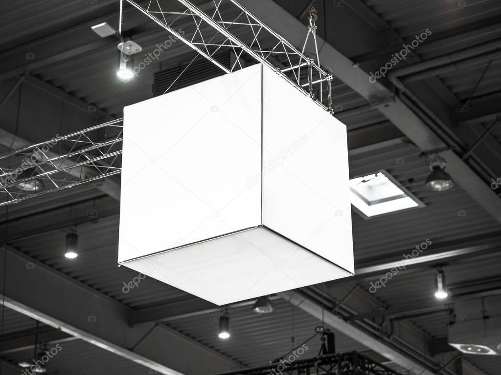 Mock up. Indoor advertising at the fair, event, Public information board hanging of empty white mock up signage. Cubic, squared, box 360 degrees.