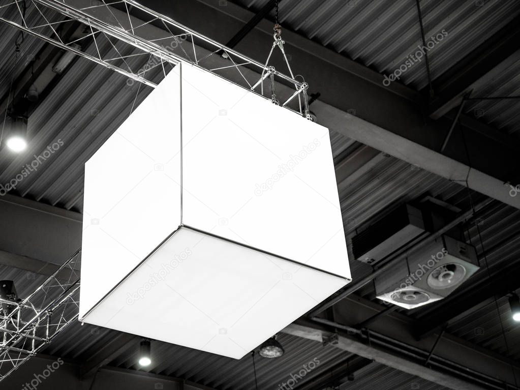 Mock up. Indoor advertising at the fair, event, Public information board hanging of empty white mock up signage. Cubic, squared, box 360 degrees.