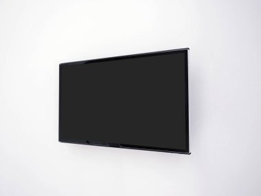 Modern Tv Mockup tasarım için beyaz bir duvara asılı siyah 4k düz ekran Led