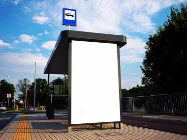 Otobüs tramvay durağı, barınak, sokak reklamlar, reklam panosu, için boş yer alay beyaz mockup, tabela, şehir, raylar, tren istasyonu