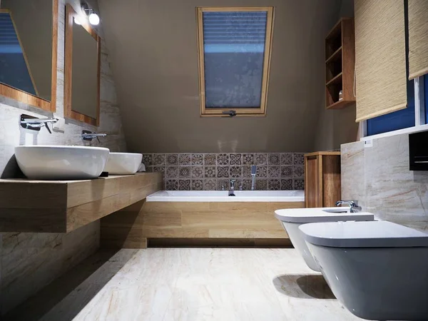 Modern Urban Contemporary Bathroom WC Interior Design with Dark Brown tiles and mosaics.