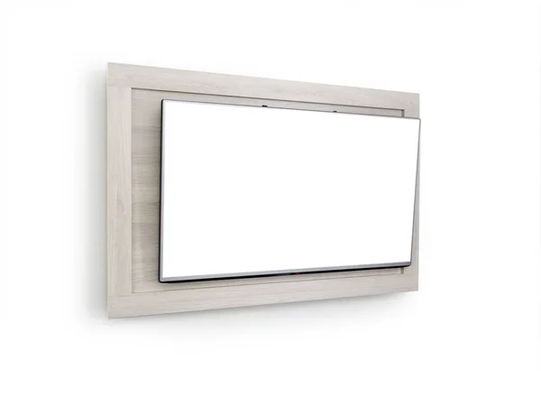 TV en blanco Mock-up, exposición de maqueta en la pared blanca de la placa de madera, galería de arte, blanco, marco de fotos vacío negro en una pared . —  Fotos de Stock