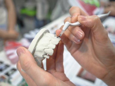 Cede 2017 - Poznan, Polonya, Merkezi Avrupa diş sergi laboratuarında diş mankenler üzerinde 16 Eylül 2017 pratik bir kadın. Dişçi eğitim ve öğretim.