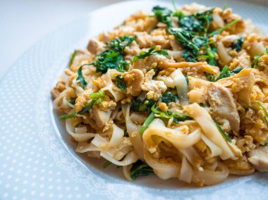 Chanthaburi, Chan noodle, tavuk ve sos ile kızarmış dar pirinç erişte karıştırın, Tayland Gıda, Tayland noodle.