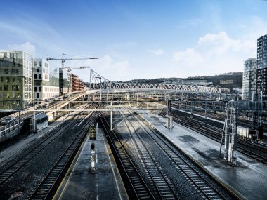 Şehir içi raylı sistem tren yolu taşımacılığında Oslo, Norveç, arka plan iş kavramı, iyi inşaat ile modern şehir için. Oslo, Norveç, 22 Kasım 2017.