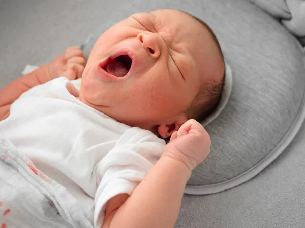 Cute new born mixed race baby yawning before sleep, Sleeping beautiful with Baby Pillow for Newborn Breathable Protection for Flat Head Syndrome.