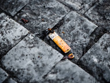 Bir sigara sigara izmaritleri granit katta atmak. Sigara, sağlık, Prague, Çek Cumhuriyeti için kötü olduğunu. 26 Febrearu 2018.