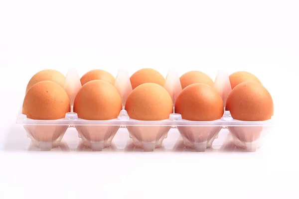 Jaja kurze, izolowana na białym tle. 10 jajek w zasobniku — Zdjęcie stockowe