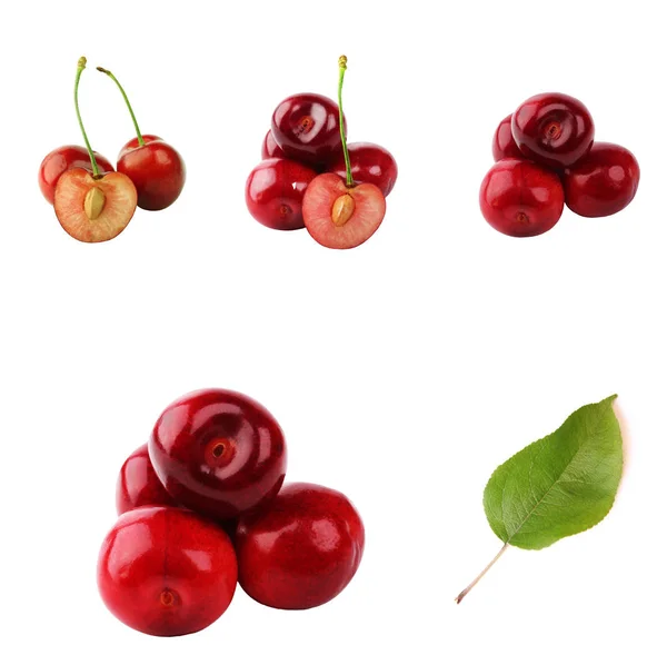 Sweet cherry set isolated on white background. Set includes cherry and green leaf cherry — Stock Photo, Image