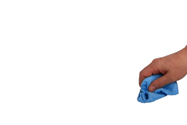 Main masculine avec chiffon de nettoyage en microfibre isolé sur fond blanc — Photo