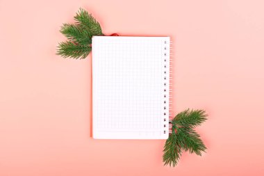 Pembe Noel arkaplanı. Noel harcamalarını kaydetmek için bir defter. İki ladin dalı..