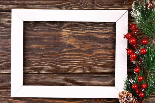 Boże Narodzenie Drewniane Tło Kontekst Tablic Ramka Zdjęcia Gałąź Świerkowa — Zdjęcie stockowe