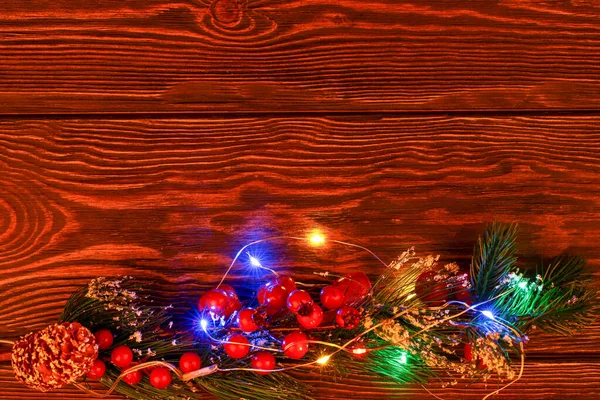 Christmas Wooden Background Dark Background Boards New Year Lights Spruce — Stock Photo, Image