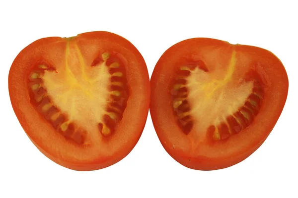 Dwie Połówki Pomidora Odizolowane Białym Tle Zbliżenie Widok Góry — Zdjęcie stockowe