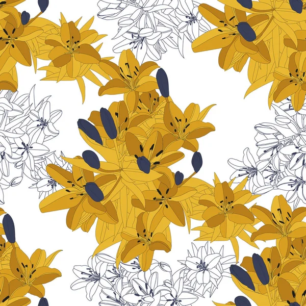 Lilienblüten Knospen Und Blätter Komposition Warmen Gelbtönen Füllen Die Farbe — Stockvektor