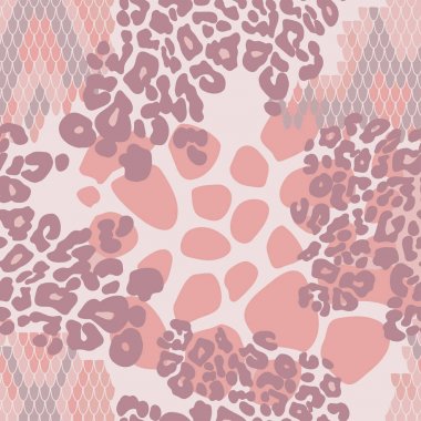 Farklı hayvan deri türlerini birleştiren desen: yılan, çita ve zürafa, gül mercan rengi pastel tonları. 