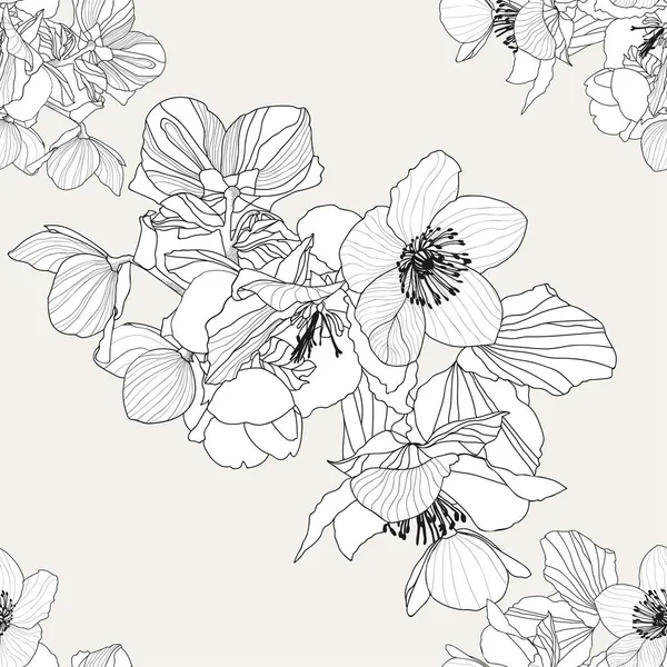 Blüten Und Blätter Weißer Farbe Mit Schwarzer Umrandung Auf Hellgrauem — Stockvektor