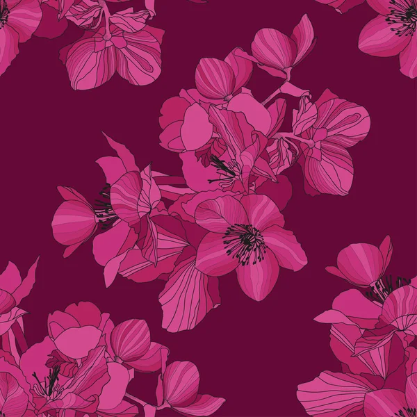 深いマゼンタの背景にピンクの色合いと黒のオンラインヘレボアの花と葉 — ストックベクタ