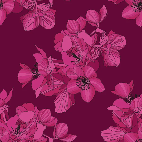 Hellebores Flores Hojas Tonos Rosados Negro Línea Sobre Fondo Magenta — Vector de stock