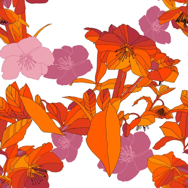 Blüten Und Blätter Rosa Und Süßen Orangefarbenen Farben Auf Weißem — Stockvektor