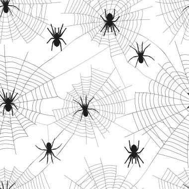 Beyaz arka planda örümcek ağı üzerinde siyah örümcek silueti. Dikişsiz vektör deseni.