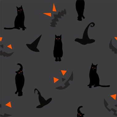 Siyah kedi siluet ve ürkütücü turuncu gözleri, cadı şapkaları ve koyu gri arka plan üzerinde korkutucu gülümsüyor ile Halloween dikişsiz vektör deseni.
