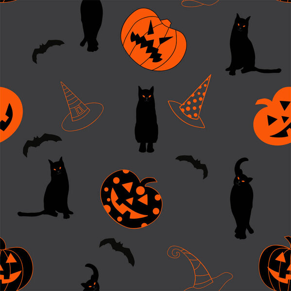 Halloween seamless vector pattern with black cats silhouette and spooky orange eyes, scary pumpkins smiles, flying black bats, orange witch hats on dark grey background.