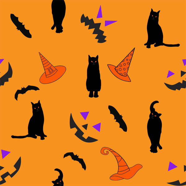 Cute Halloween seamless vector pattern on orange background with black cats silhouette and bats, spooky purple eyes, witch hats and scary smiles.