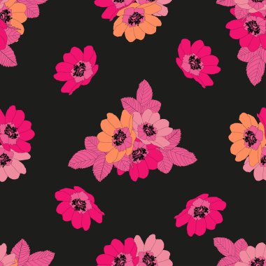 Pembe gül, turuncu ve allık pembe tonları siyah arka plan üzerinde yabani gül çiçekler. Dikişsiz vektör deseni.