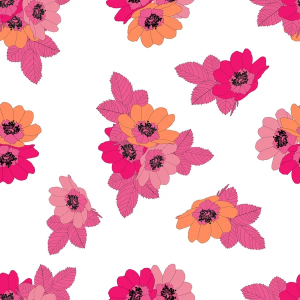 Blüten Und Blätter Der Wildrose Rosa Orange Und Blasse Rosentöne — Stockvektor