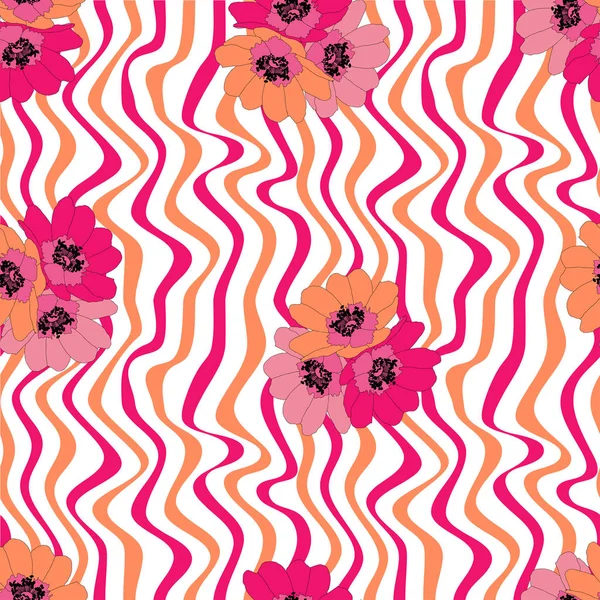 Wildrosen Blühen Auf Wellenförmigen Streifen Hintergrund Rosa Rosa Orange Und — Stockvektor