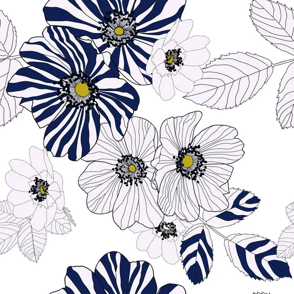Wildrosen Blühen Kombination Mit Weißen Blütenblättern Und Marineblauen Und Weißen — Stockvektor
