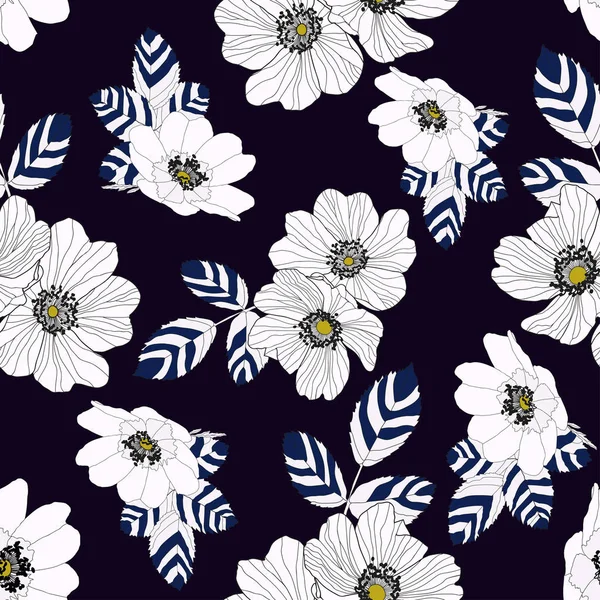 Wildrosen Blühen Mit Marineblauen Und Weiß Gestreiften Blättern Und Weißen — Stockvektor