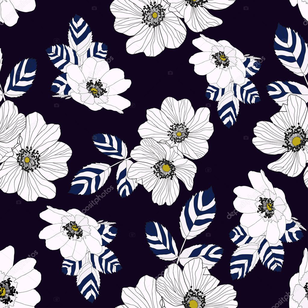 Wild roses flowers with navy blue and white stripy leaves and white flowers with accent of yellow colour in centre of the flower style. Seamless vector pattern.