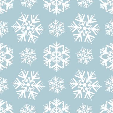 Gri mavi arka plan üzerinde beyaz kar taneleri şekilleri ile kış dikişsiz vektör deseni.