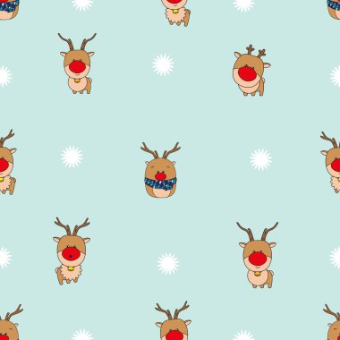 Açık mavi arka planda şirin ren geyikleri ve beyaz kar taneleri olan kusursuz bir Noel deseni..