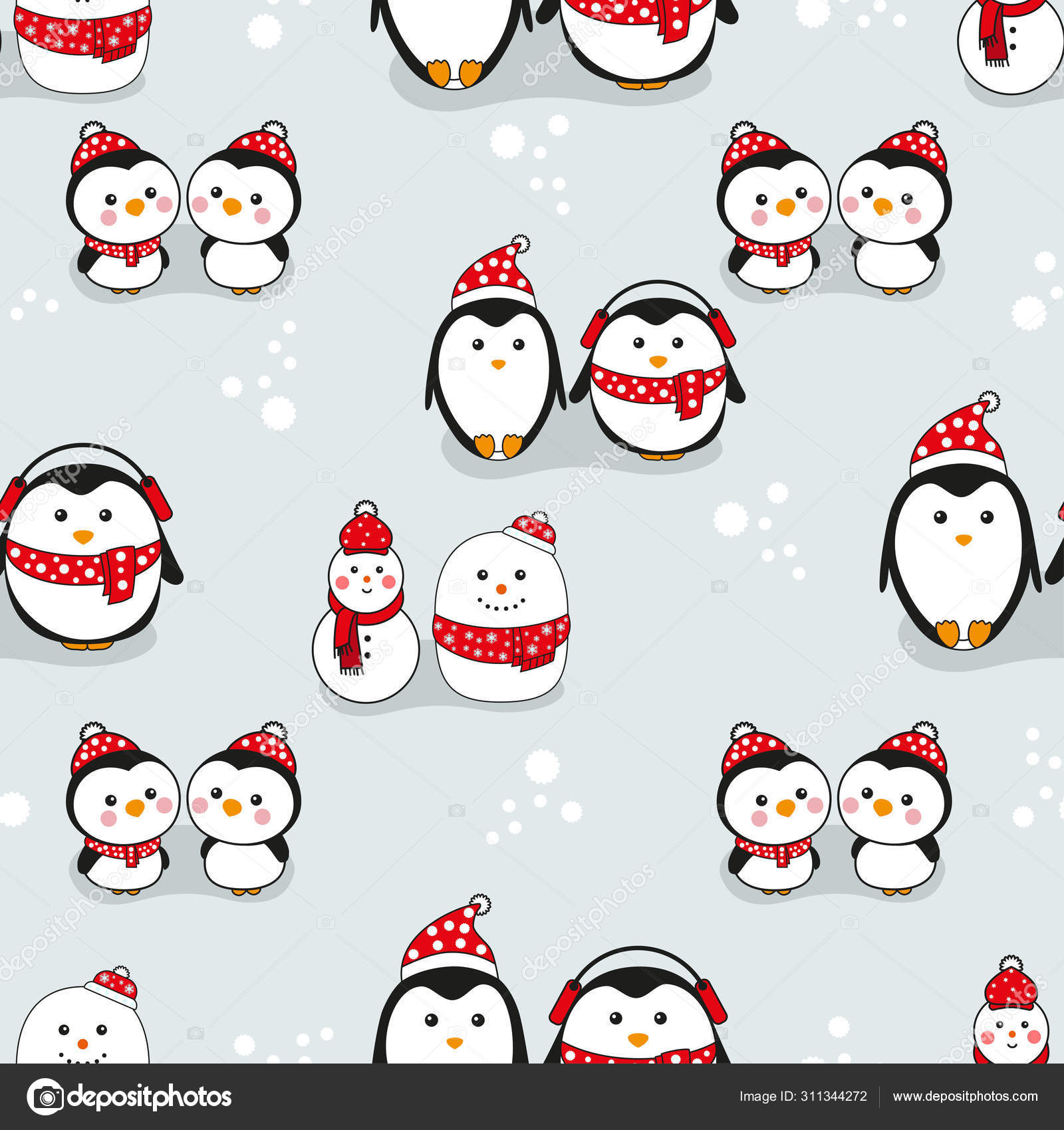 Christmas Pattern Cute Kawaii Penguins Snowman Snow Light Grey Background Stock Vector Image By C Zv 311344272