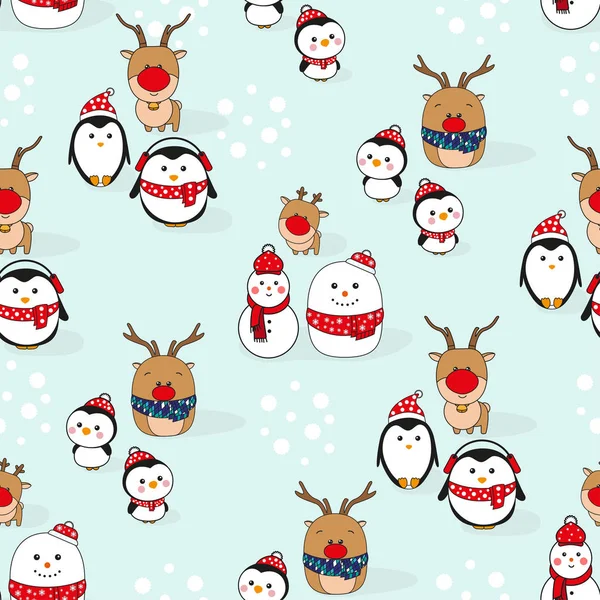 Padrão Natal Bonito Com Pinguins Kawaii Renas Boneco Neve Com — Vetor de Stock