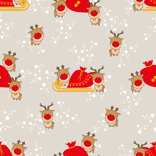 可爱的圣诞图案与驯鹿雪橇和圣诞老人袋 与雪与浅米色背景 无缝线矢量图 — 图库矢量图片