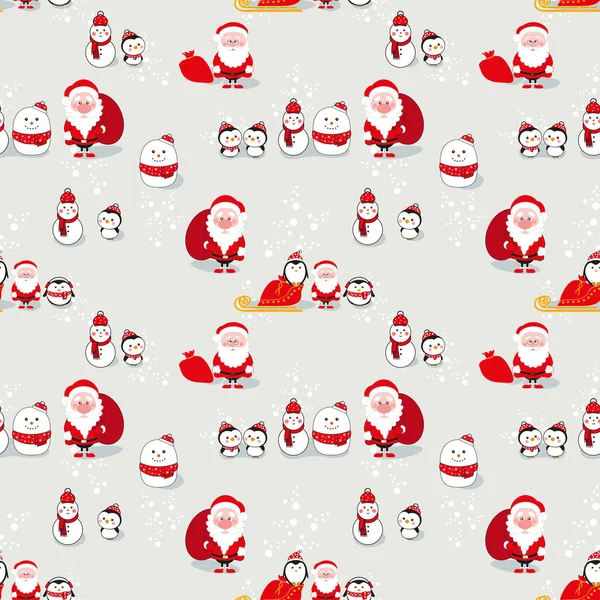 Cute Christmas Pattern Santa Claus Holding Sack Penguins Snowman Light — ストックベクタ