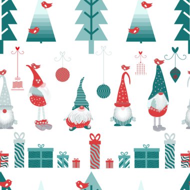 Cücelerin ve küçük kırmızı kuşların olduğu şirin bir Noel deseni, Noel ağaçları, hediyeler ve Noel süslemeleri. Kusursuz vektör deseni..