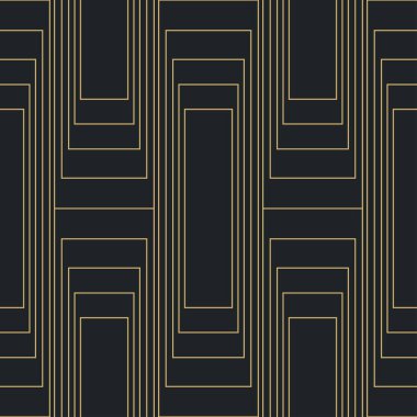 Siyah arkaplanda altın rengi ile soyut Art Deco deseni. Kusursuz vektör deseni..