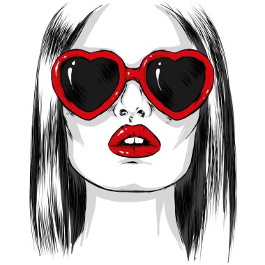Güzel kız, bir kalp şeklinde gözlüklü. Vektör çizim otkirtki veya poster için. Moda ve stil.
