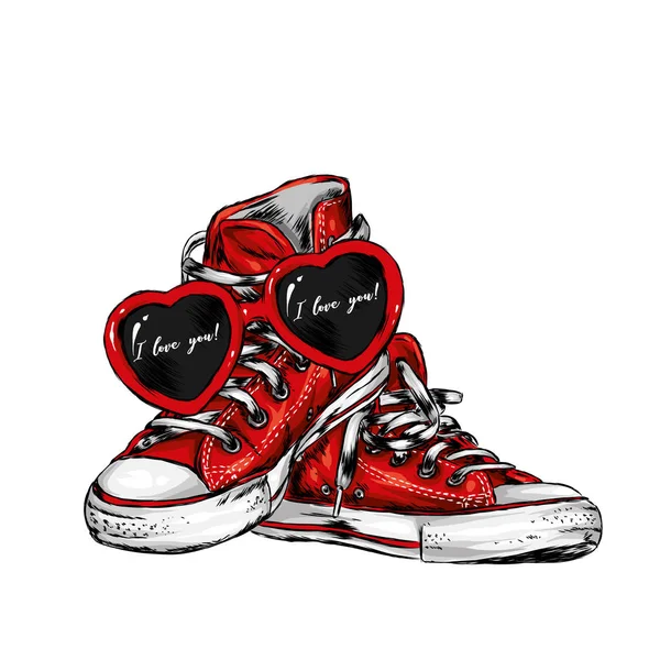 Zapatillas Gafas Forma Corazón Zapatos Accesorios Día San Valentín Amor — Vector de stock