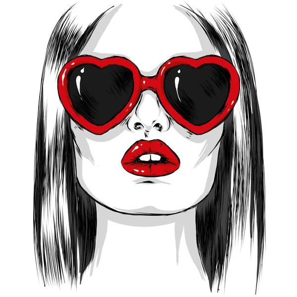 Gadis Cantik Dengan Kacamata Dalam Bentuk Hati Vektor Ilustrasi Untuk - Stok Vektor