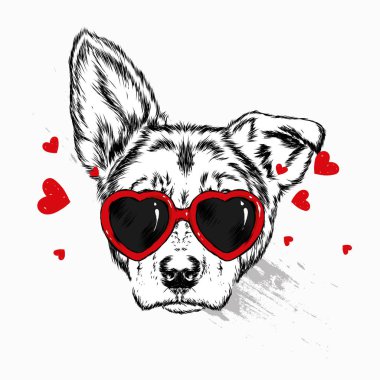 Bir köpek ya da köpekle portresi kalp şeklinde gözlük. Vektör çizim için tebrik kartı veya poster, elbiselere yazdırma.
