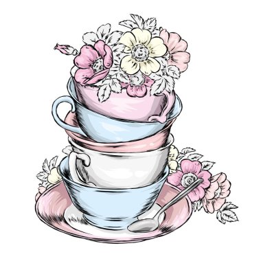 Güzel vintage bardak ve tabaklar yabani gül buket. Vektör çizim kartpostal veya poster, giysiler için yazdırma için. Çay veya kahve. Çin.