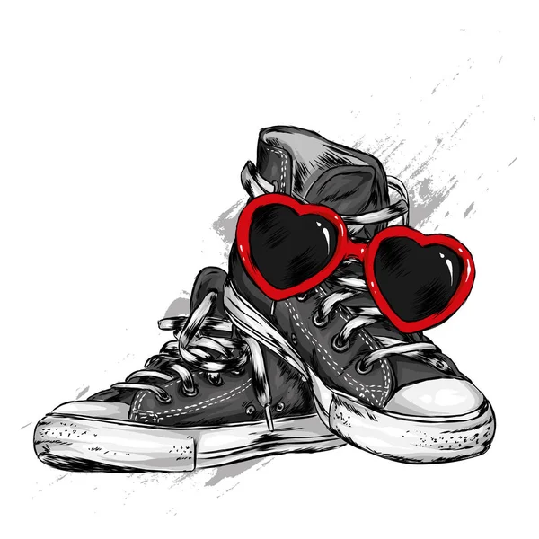 Zapatillas Gafas Forma Corazón Zapatos Accesorios Día San Valentín Amor — Vector de stock