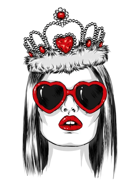 Menina Bonita Com Óculos Forma Coração Com Uma Coroa Ilustração — Vetor de Stock