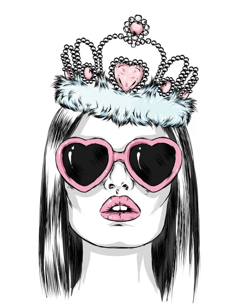 Menina Bonita Com Óculos Forma Coração Com Uma Coroa Ilustração — Vetor de Stock